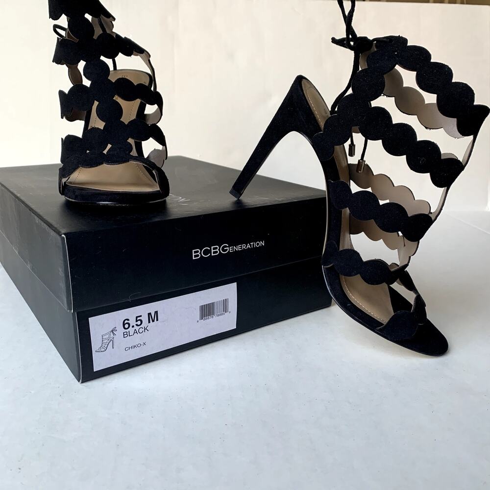 BCBGeneration High Heel Sandal Shoes CHIKO Black Suede Strappy Tie Gladiator 6.5 - Picture 2 of 8